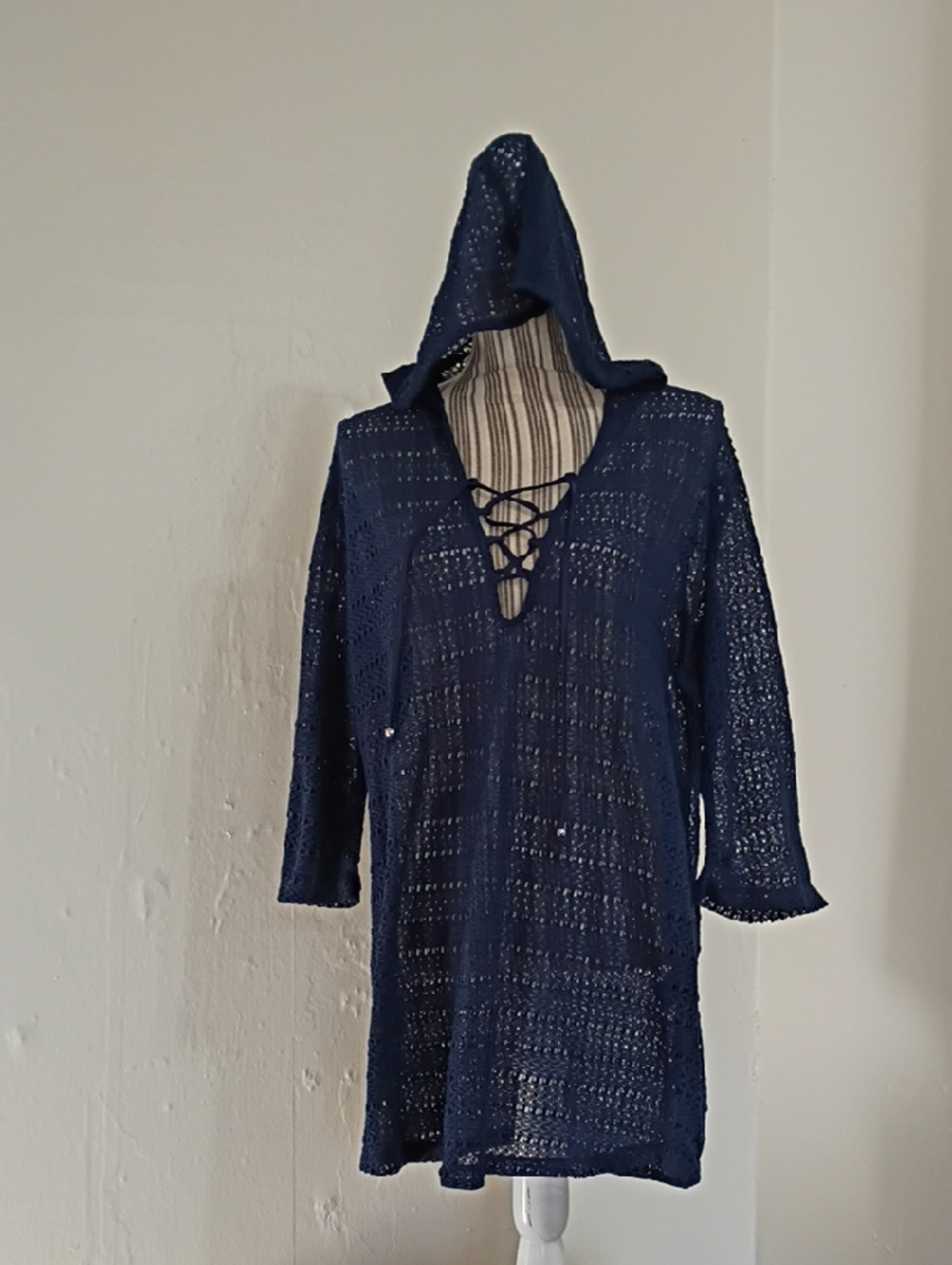 Apt 9 Navy Crochet Knit Hooded Pullover Swimsuit Cover Up Dress Size XL